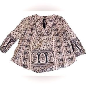 LUCKY BRAND Womens Large Navy/White Scarf Floral Print Peasant Blouse Top